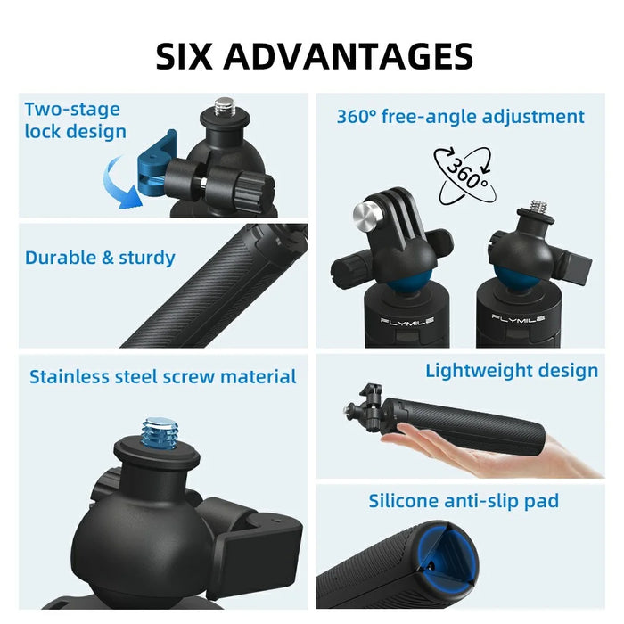 FLYMILE Action Camera Extension Tripod with Two-Claw Adapter, Ball Head 360 Degree Adjustable Telescopic Stand - Black - 3