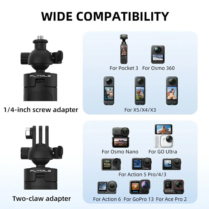 FLYMILE Action Camera Extension Tripod with Two-Claw Adapter, Ball Head 360 Degree Adjustable Telescopic Stand - Black - 5