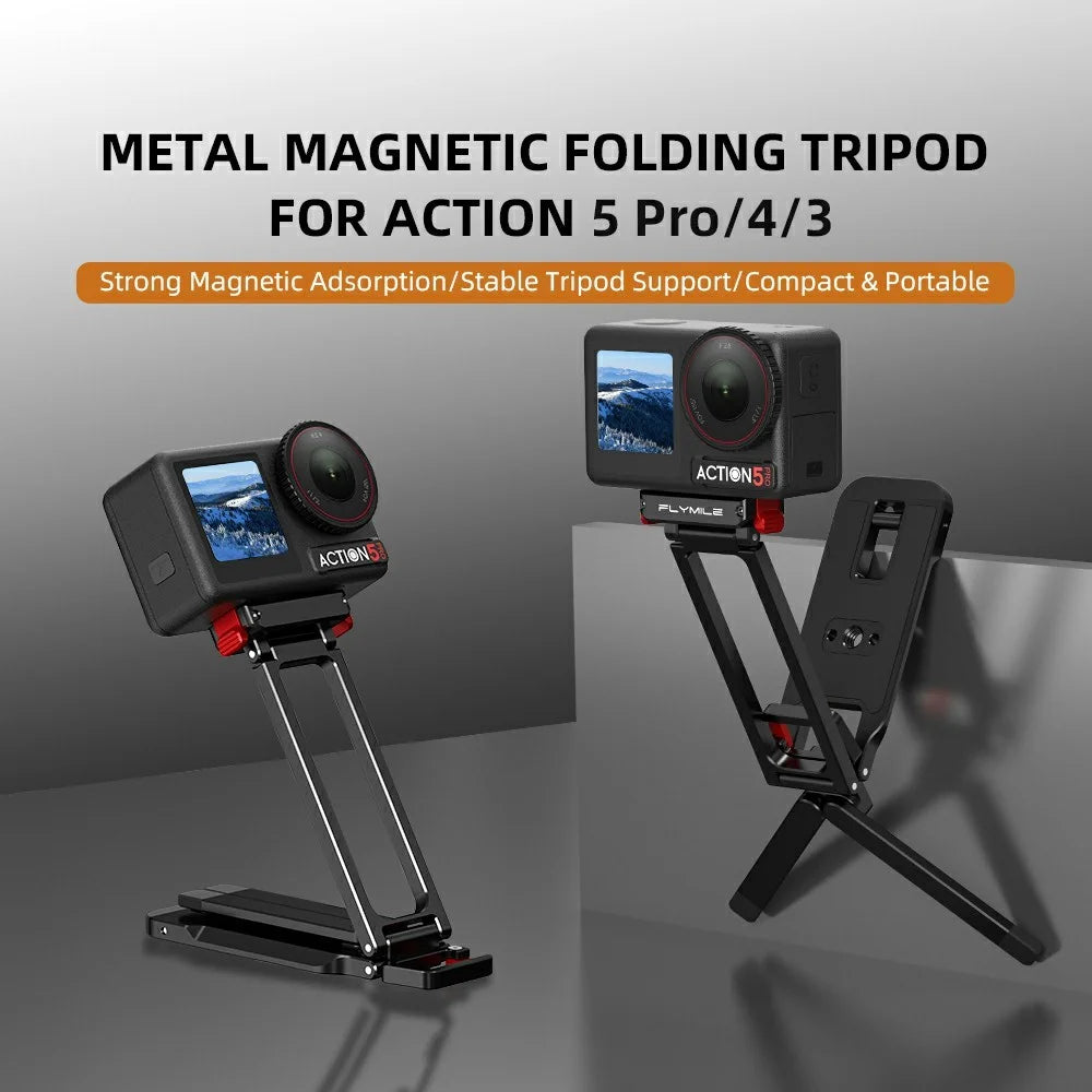 FLYMILE Metal Quick Release Tripod for DJI Osmo Action 5 Pro / 4 / 3 Magnetic Foldable Stand with Carabiner - Black - 3