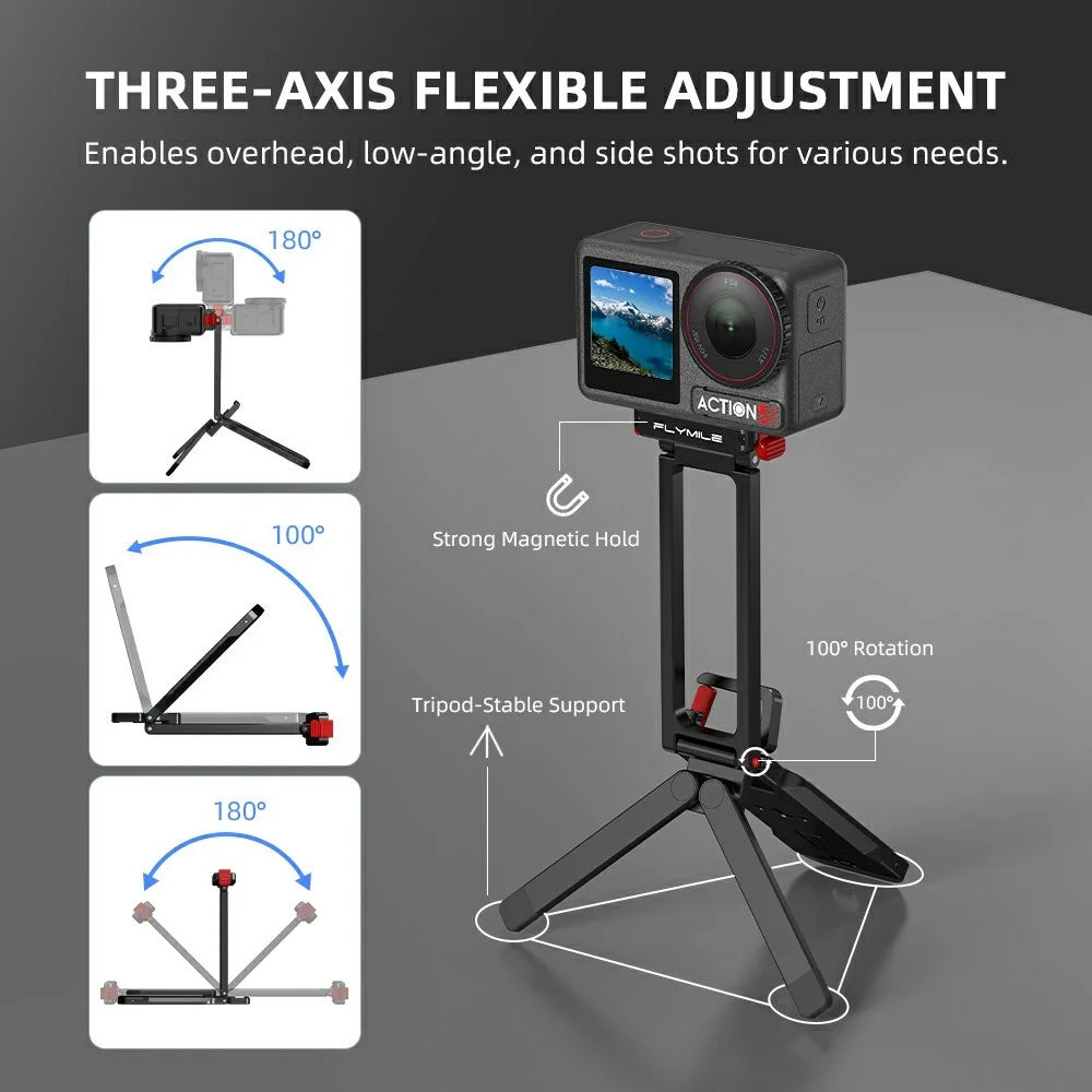 FLYMILE Metal Quick Release Tripod for DJI Osmo Action 5 Pro / 4 / 3 Magnetic Foldable Stand with Carabiner - Black - 7