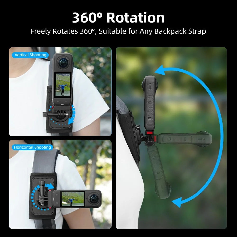 Action Camera Backpack Strap Mount Quick Release 360° Rotation Magic Tape Clip for GoPro DJI Action Camera - Black - 4