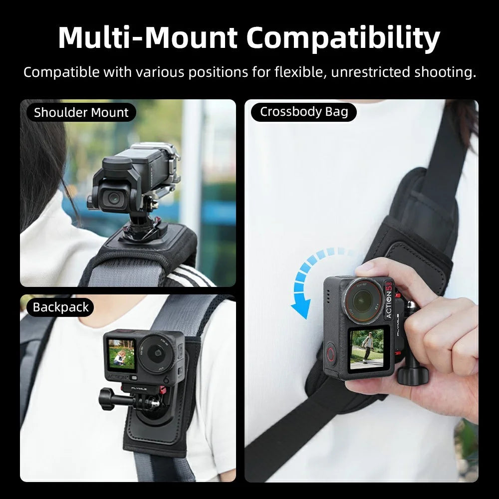 Action Camera Backpack Strap Mount Quick Release 360° Rotation Magic Tape Clip for GoPro DJI Action Camera - Black - 5