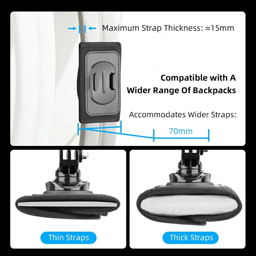 Action Camera Backpack Strap Mount Quick Release 360° Rotation Magic Tape Clip for GoPro DJI Action Camera - Black - 6