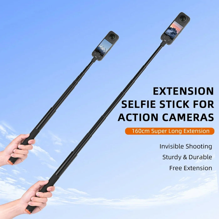 BRDRC 160cm Extension Selfie Stick 6-Section Telescopic Aluminum Alloy Invisible Selfie Stick for Action Cameras - Black - 2