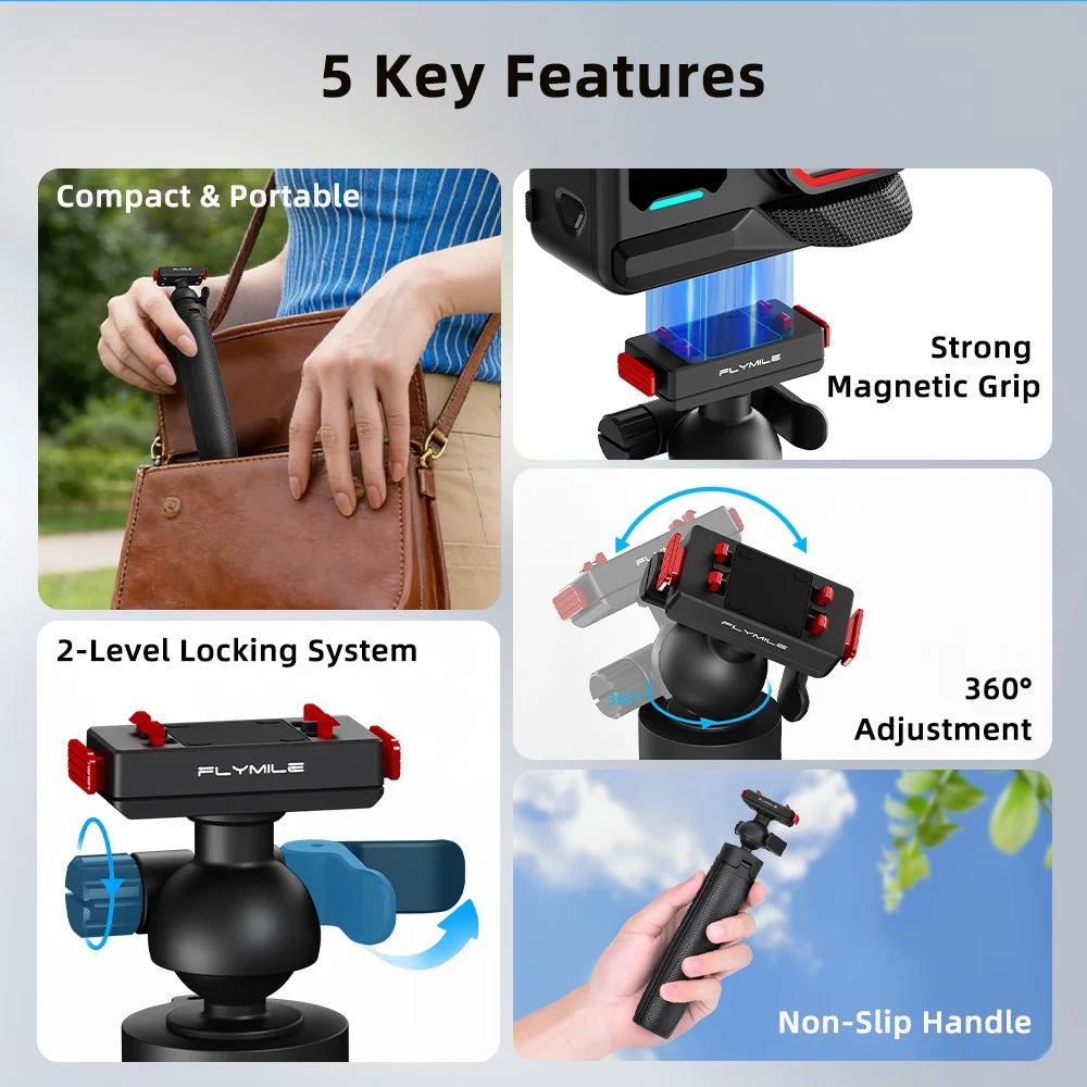 FLYMILE Magnetic Quick-Release Tripod for Insta360 Ace Pro 1  /  2  /  ACE  /  X5 2-in-1 Selfie Stick Telescopic Pole Tripod with Ball Head - 3