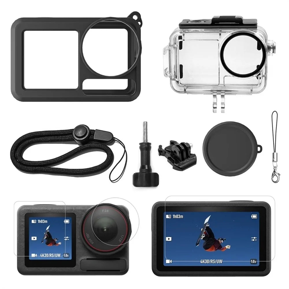Camera Case Accessory Kit for DJI Osmo Action 5 Pro  /  4  /  3 Waterproof Case Tempered Glass Screen Protector Silicone Cover - Black - 1