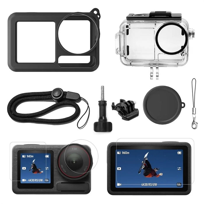 Camera Case Accessory Kit for DJI Osmo Action 5 Pro  /  4  /  3 Waterproof Case Tempered Glass Screen Protector Silicone Cover - Black - 1