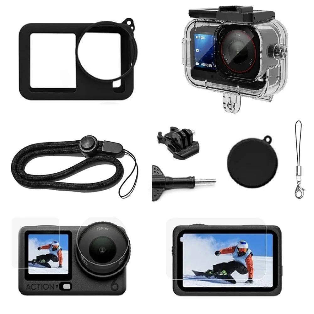 For DJI Osmo Action 6 Waterproof Case + Tempered Glass Film + Silicone Cover Accessory Kit Camera Shockproof 30m Underwater Protection Kit - Black - 1