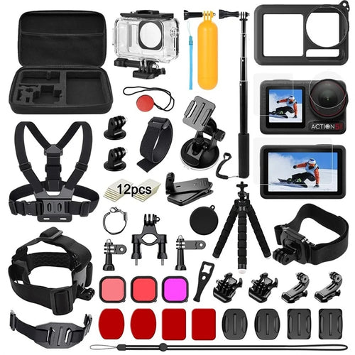 55-in-1 Action Camera Accessory Kit for DJI Osmo Action 5 Pro  /  4  /  3 Waterproof Case Tempered Glass Screen Protector Filter Selfie Stick Chest Strap Mount Set - Black - 1