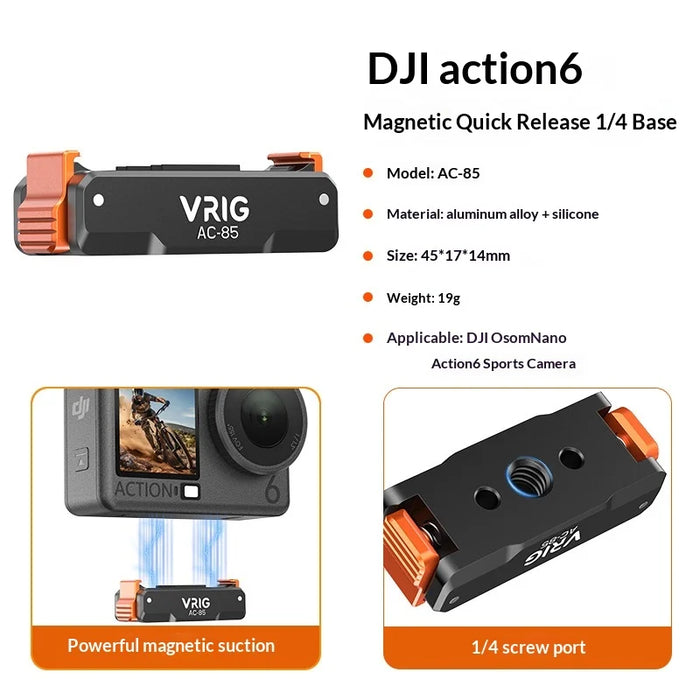 VRIG AC-85 For DJI Osmo Action 6 / Nano Quick Release Magnetic Mount Adapter with 1 / 4 Inch Screw Hole - Black - 2