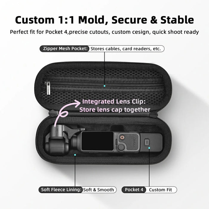 BRDRC Carrying Case for DJI Osmo Pocket 4 Nylon Hard Shell Protective Storage Bag with Wrist Strap & Carabiner - Black - 4
