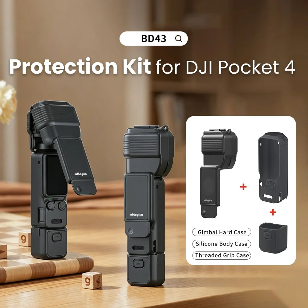 AMAGISN 3 in 1 for DJI Osmo Pocket 4 Protection Case Set with Gimbal Cover Silicone Body Case Handle Sleeve - Black - 4