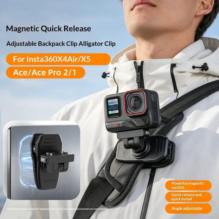 SUNNYLIFE Magnetic Backpack Clip for for Insta360 X4 Air / X5 / Ace Pro 2 / Ace / Ace Pro Action Camera Mount Crocodile Clamp - Black - 2