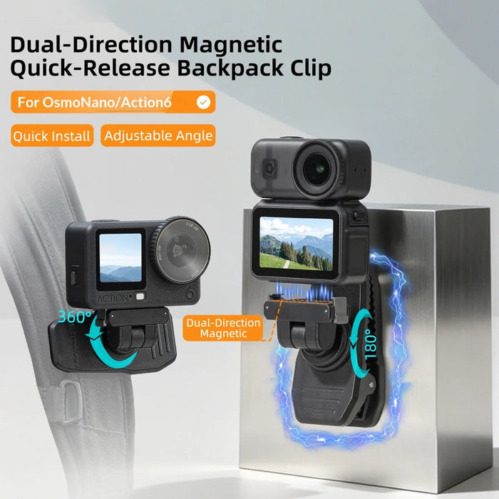 SUNNYLIFE Magnetic Backpack Clip for for Insta360 X4 Air / X5 / Ace Pro 2 / Ace / Ace Pro Action Camera Mount Crocodile Clamp - Black - 6