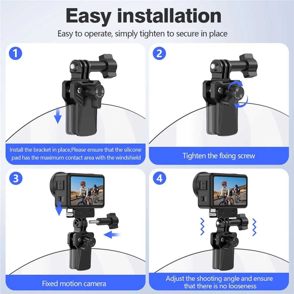 Windshield Clamp Mount for GoPro Hero 11  /  Hero 10  /  DJI Action 6  /  5  /  4  /  3  /  Insta360 X3  /  X2 Zinc Alloy Motorcycle Camera Holder - Black - 3