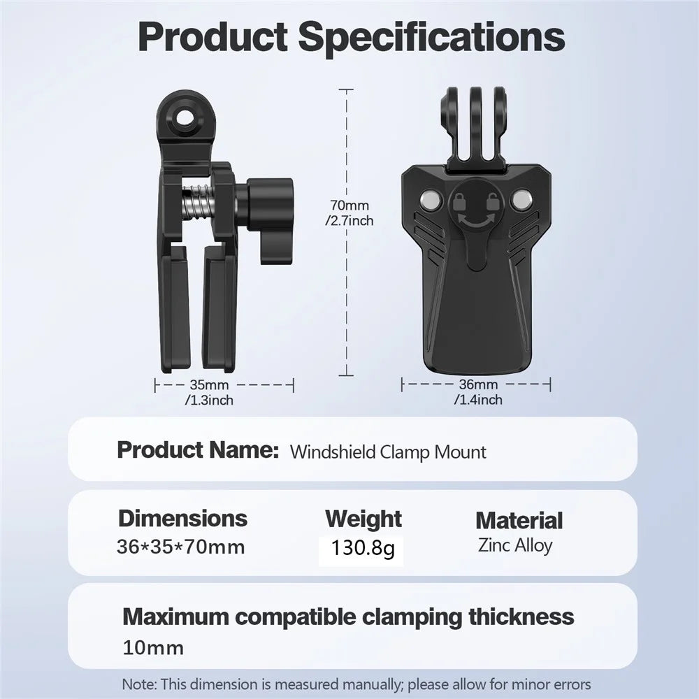 Windshield Clamp Mount for GoPro Hero 11  /  Hero 10  /  DJI Action 6  /  5  /  4  /  3  /  Insta360 X3  /  X2 Zinc Alloy Motorcycle Camera Holder - Black - 7