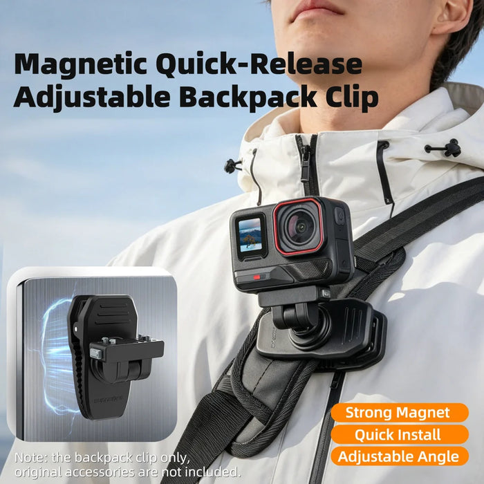 SUNNYLIFE For DJI Osmo Action 6 Magnetic Quick Release Backpack Clip 360 Degree Rotatable Clamp Mount Stand - Black - 3