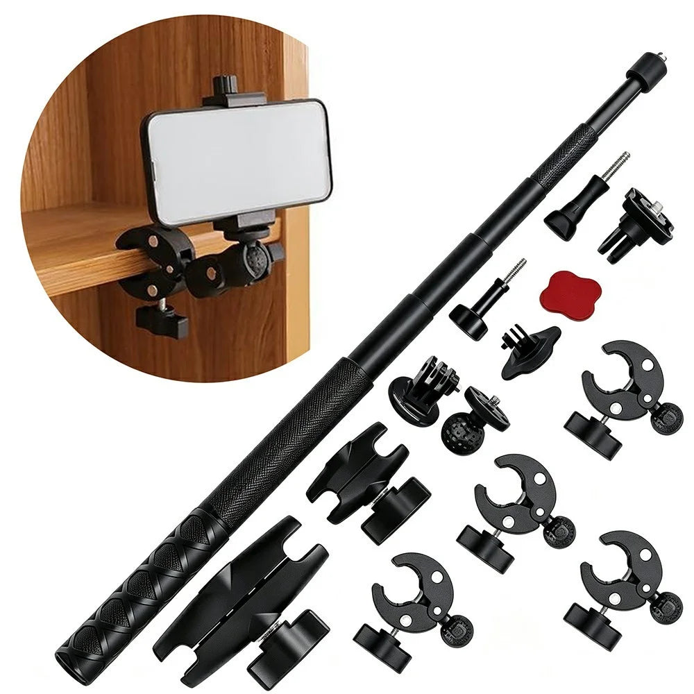 Selfie Stick with Dual Head Crab Claw Clamp Mount Kit 360 Degree Ball Head Extension Base for Action Camera - Black - 1