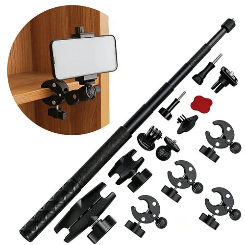 Selfie Stick with Dual Head Crab Claw Clamp Mount Kit 360 Degree Ball Head Extension Base for Action Camera - Black - 1