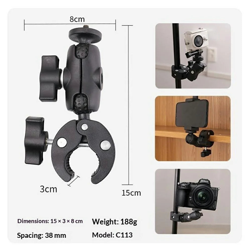 Selfie Stick with Dual Head Crab Claw Clamp Mount Kit 360 Degree Ball Head Extension Base for Action Camera - Black - 5