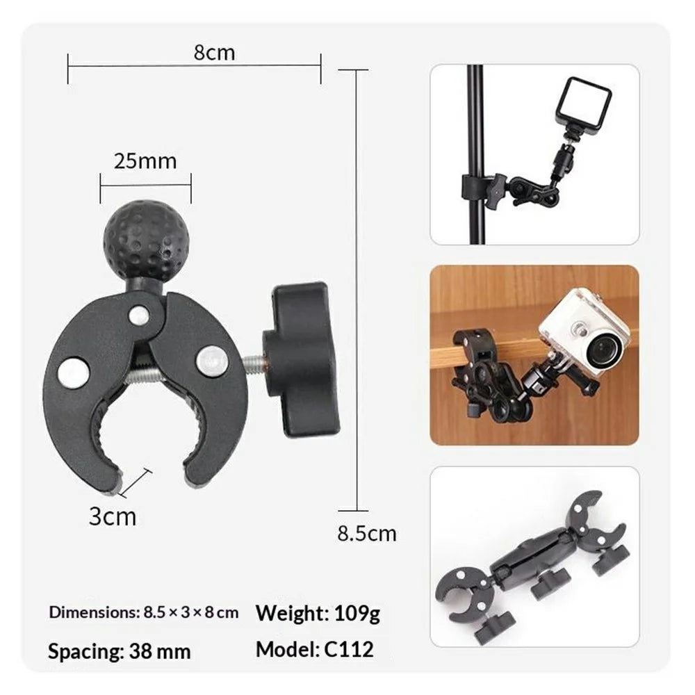 Selfie Stick with Dual Head Crab Claw Clamp Mount Kit 360 Degree Ball Head Extension Base for Action Camera - Black - 6