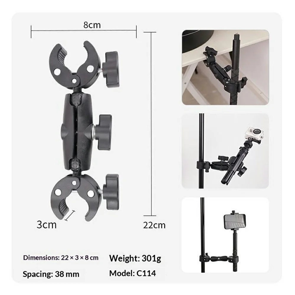 Selfie Stick with Dual Head Crab Claw Clamp Mount Kit 360 Degree Ball Head Extension Base for Action Camera - Black - 7
