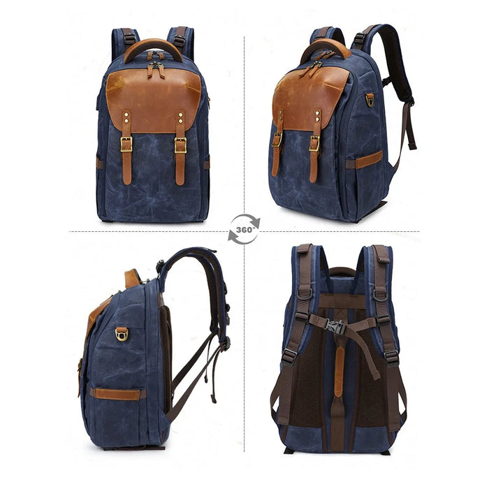 K-805 Retro Shock-absorbing Camera Bag Breathable Waterproof Canvas SLR Digital Camera Backpack for Outdoor Photography - Blue - 2