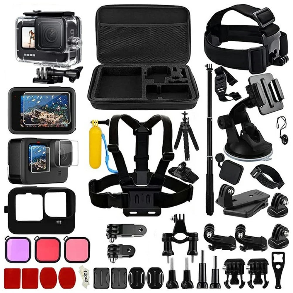 54-in-1 Accessories Kit for GoPro Hero 12 11 10 9 Waterproof Case Silicone Cover Tempered Glass Flim - 1