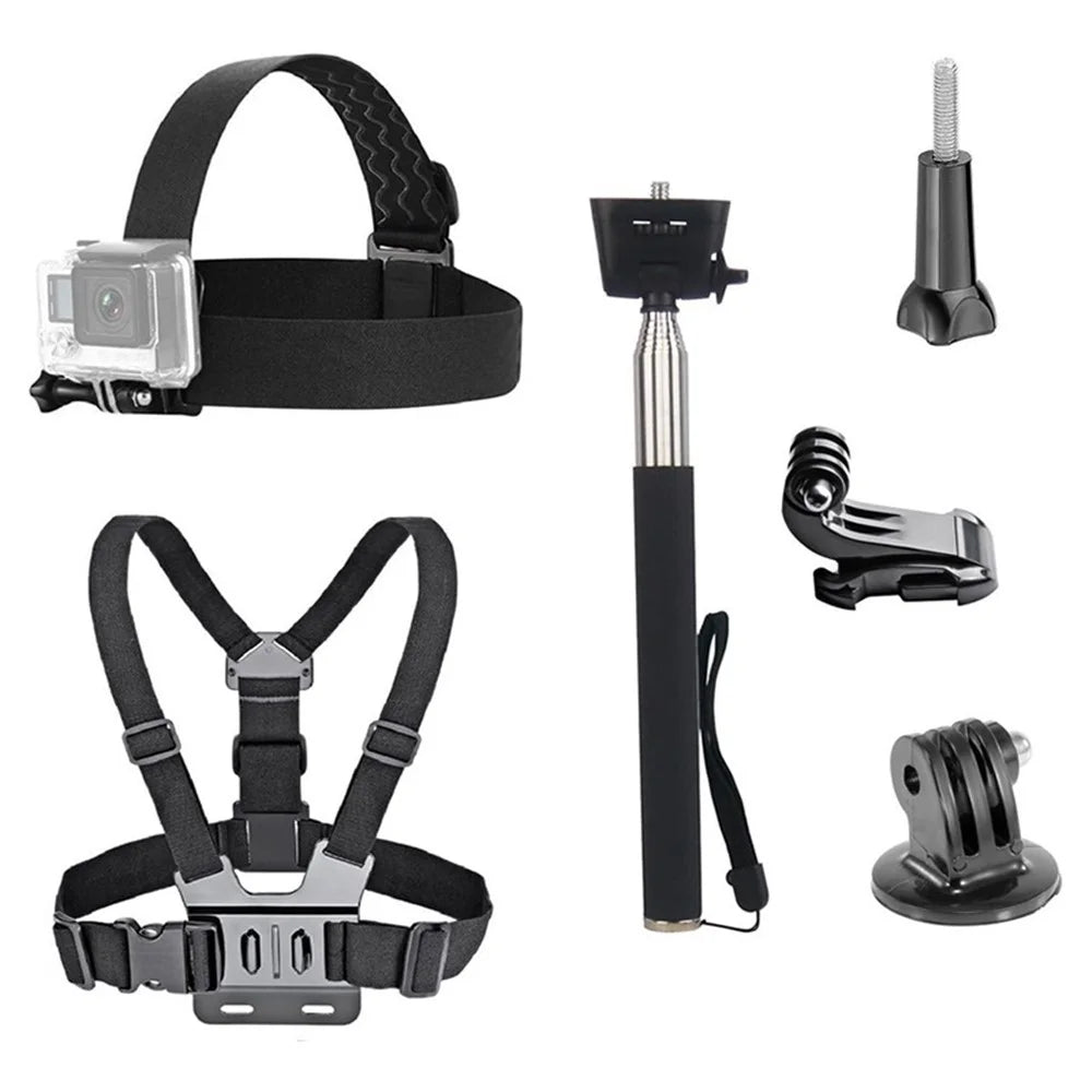 For GoPro Hero Universal Action Camera Accessories Kit 6-in-1 - Chest Strap, Head Strap, Selfie Stick - 1