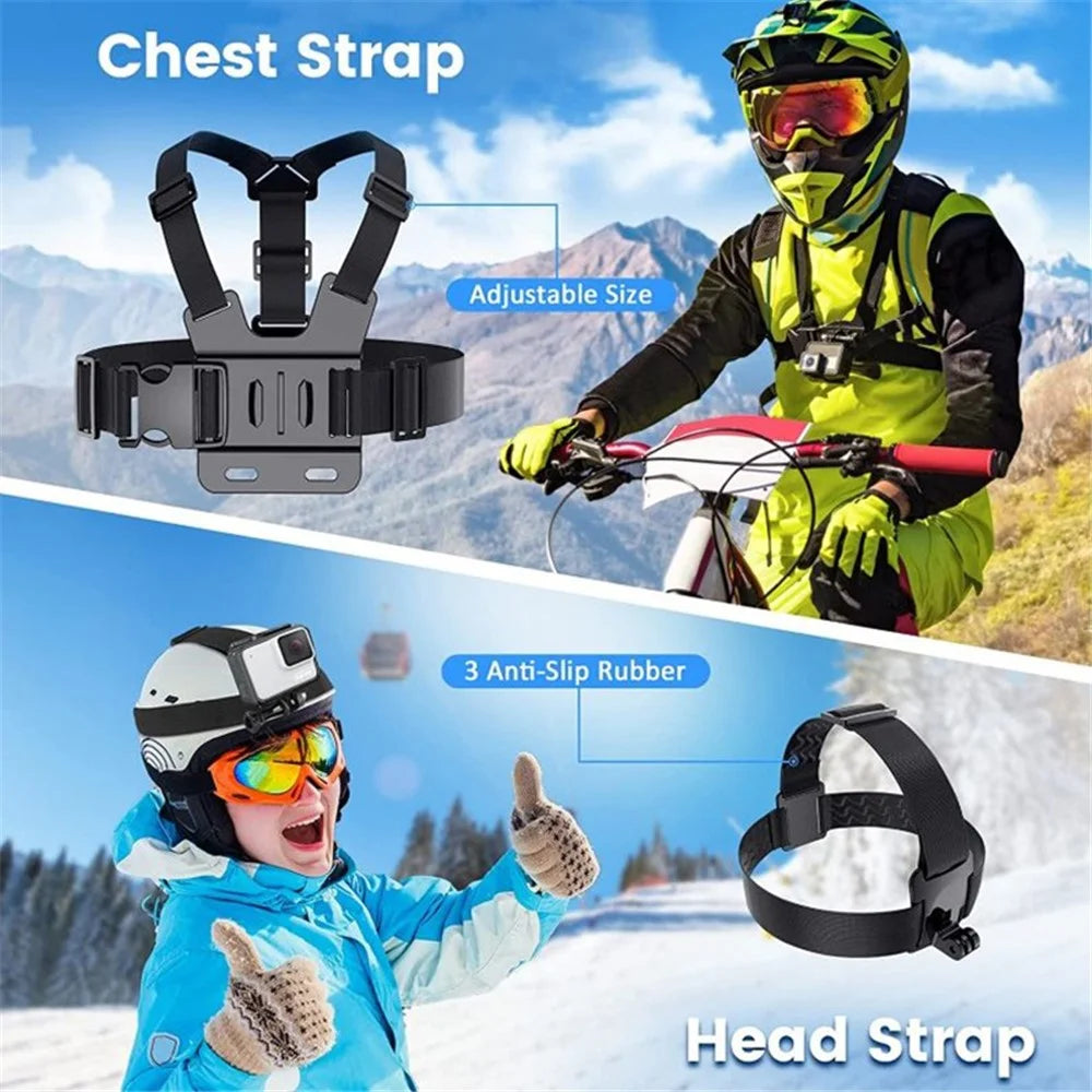 For GoPro Hero Universal Action Camera Accessories Kit 6-in-1 - Chest Strap, Head Strap, Selfie Stick - 4
