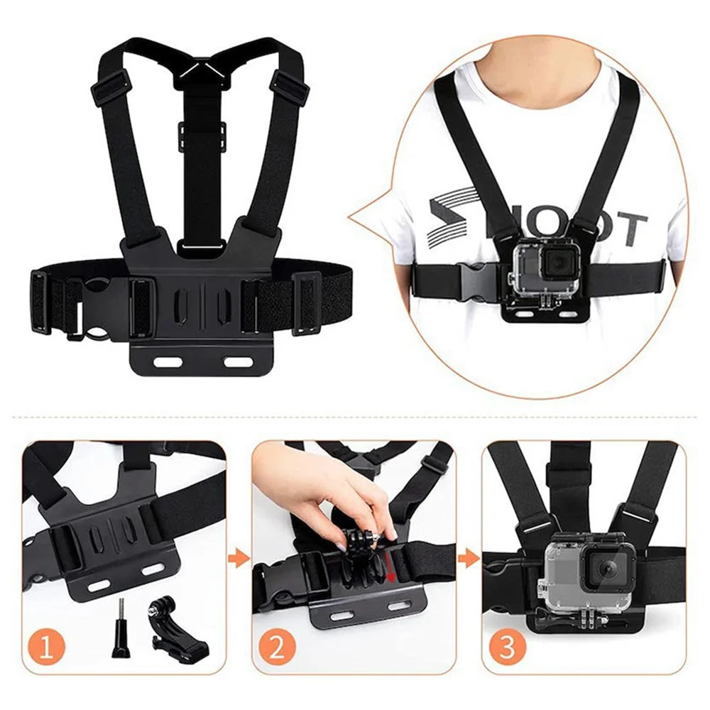 For GoPro Hero Universal Action Camera Accessories Kit 6-in-1 - Chest Strap, Head Strap, Selfie Stick - 5