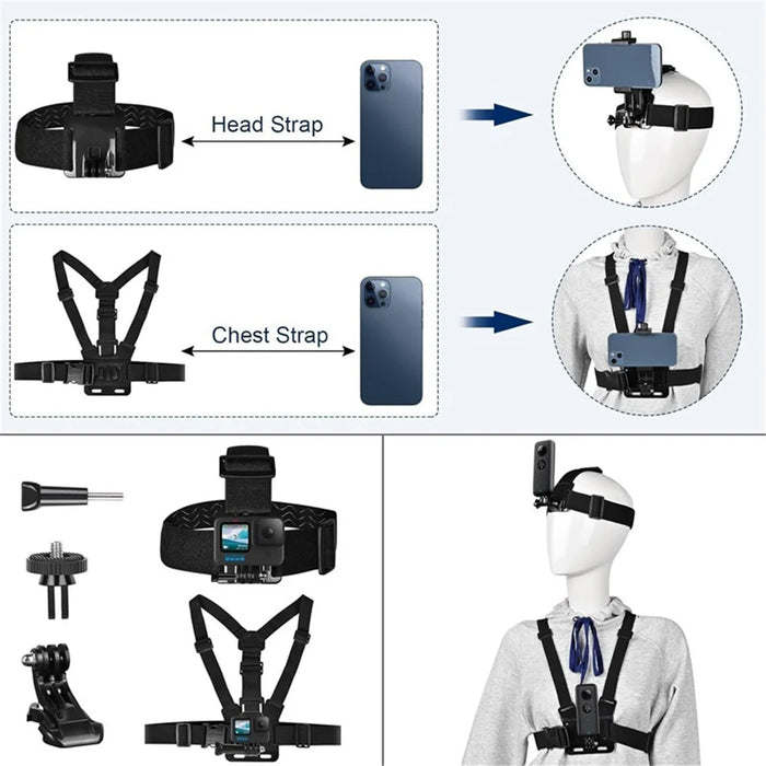 11-in-1 For GoPro Action Camera Accessories Kit Head Chest Strap Chin Bracket Phone Holder Set - 2