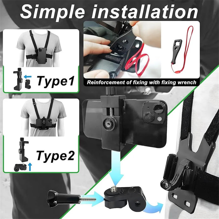 Action Camera Chest Strap Camera Chest Mount Harness with Phone Clip and Wrench - 3