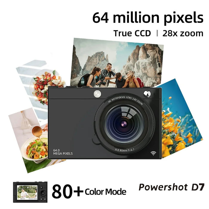D7 Student Digital Camera 64MP HD CCD WiFi 4K Video Recorder Card Camera with 128GB Memory Card - Black - 2