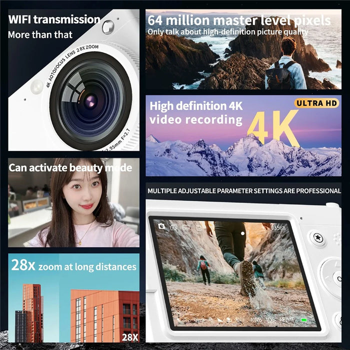 D7 Student Digital Camera 64MP HD CCD WiFi 4K Video Recorder Card Camera with 128GB Memory Card - Black - 3