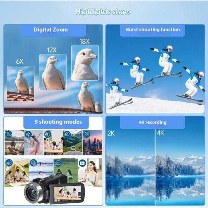 Handheld DV 4K Ultra 80MP Digital Camera with 64GB TF Card / 2 Batteries for Outdoor Travel 18X Digital Zoom 3.0 Inch IPS Screen Camcorder - 4