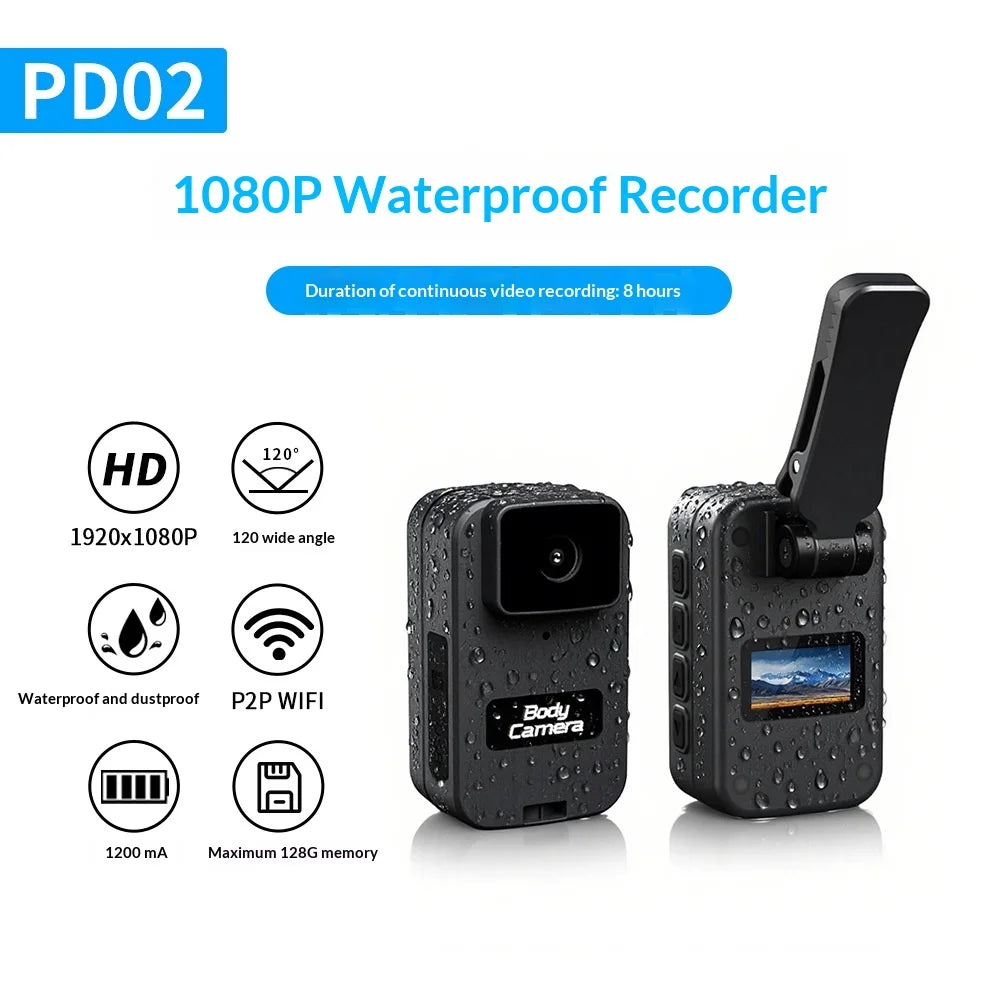 PD02 WiFi Mini Body Camera Waterproof Sports Recorder 0.98 Inch IPS Screen Pocket Cam with Back Clip - Black - 2