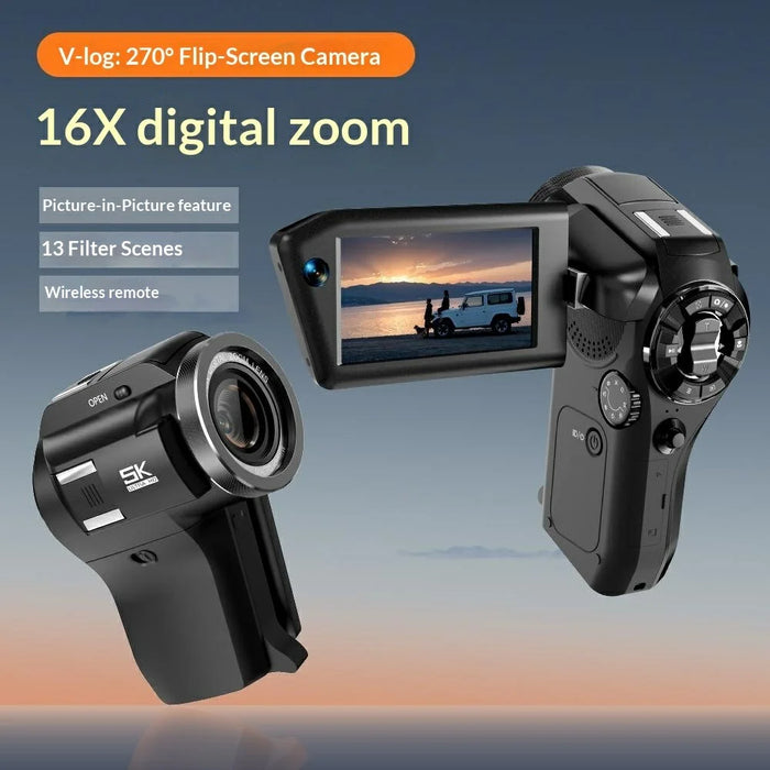 CD-V03 8K Vlogging Camera 270 Degree Flip Screen 16X Digital Zoom WiFi Handheld Camcorder for Travel - Black - 2