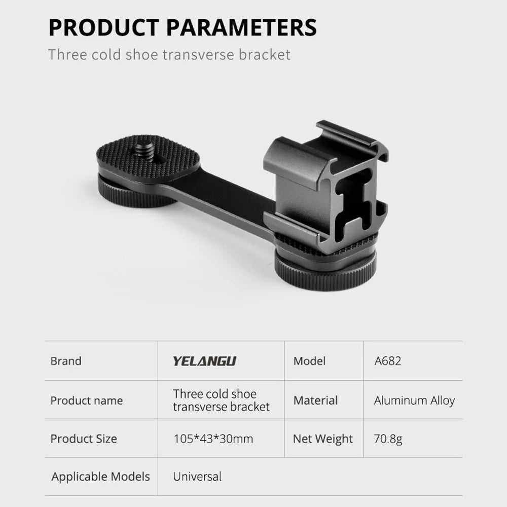 YELANGU A682 Three-Head Cold Shoe Base Extension Bracket Adapter Bracket Photography Accessories for Video Light Microphone - 7