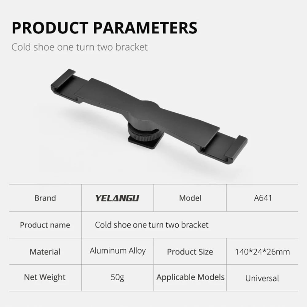 YELANGU A641 1-to-2 Gold Shoe Extension Bracket Universal Cold Shoe Mount Adapter for LED Lights/Microphones/Monitors/Audio Recorder Camera Accessory - 6