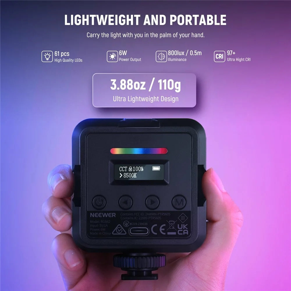 NEEWER RGB62 Magnetic RGB Video Light 360 Degree Full Color LED Camera Light - 2