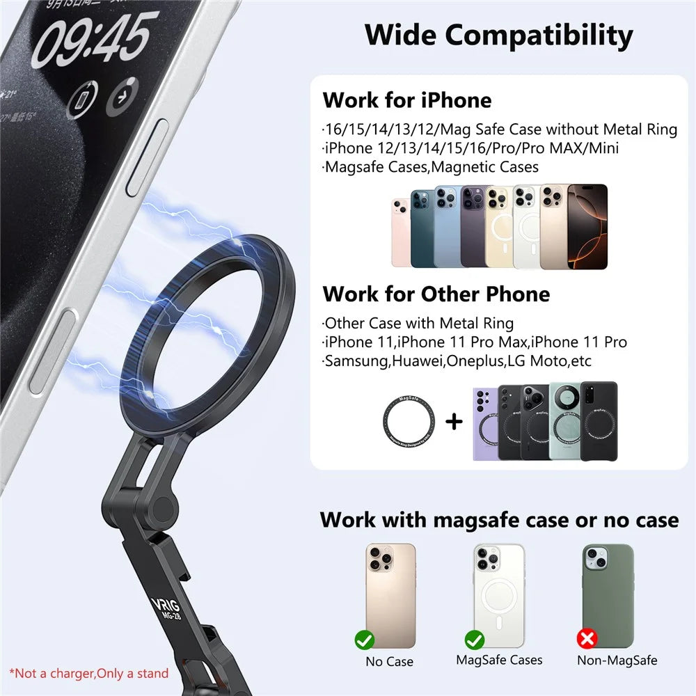 VRIG MG-28 Compatible with MagSafe Metal Cold Shoe Foldable Magnetic Stand Dual-Axis Rotation Holder, Small - 7