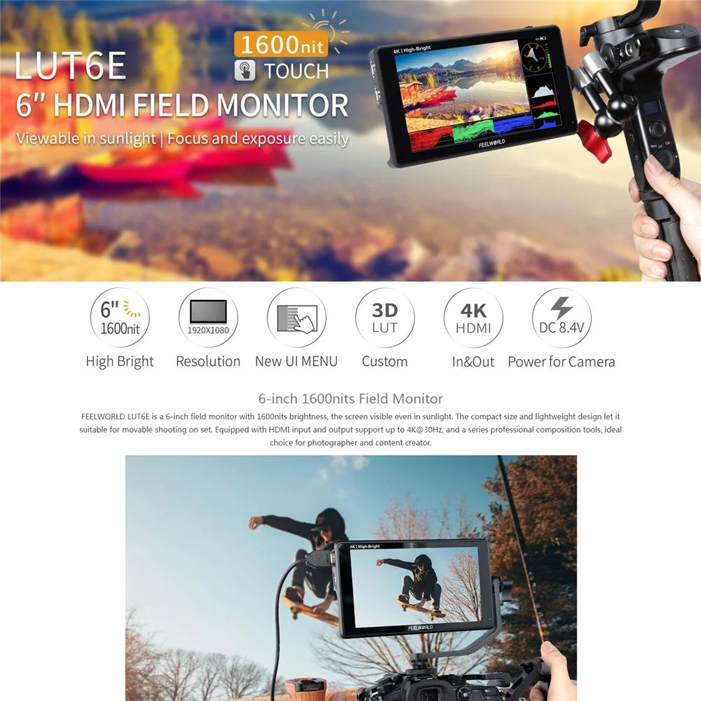 FEELWORLD LUT6E 6 inch 4K HD Monitor 1920x1080 IPS Full HD 1600nit High Brightness Display Screen for Photography / Videography - 3
