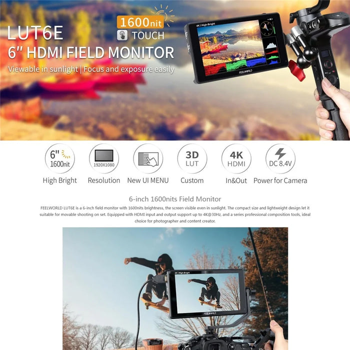 FEELWORLD LUT6E 6 inch 4K HD Monitor 1920x1080 IPS Full HD 1600nit High Brightness Display Screen for Photography / Videography - 3