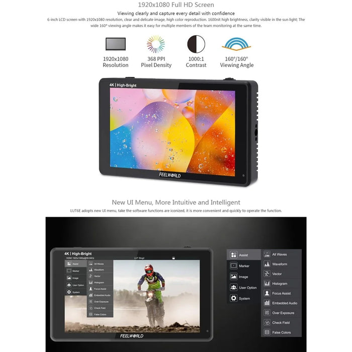 FEELWORLD LUT6E 6 inch 4K HD Monitor 1920x1080 IPS Full HD 1600nit High Brightness Display Screen for Photography / Videography - 4