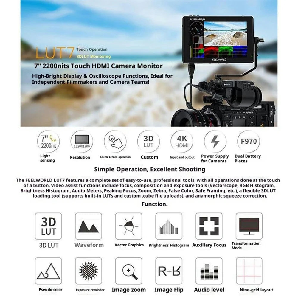 FEELWORLD LUT7 7 Inch 4K HD Camera Monitor 2200 Nit High Brightness Display Screen for DSLR / Mirrorless Camera Video Photography - 4
