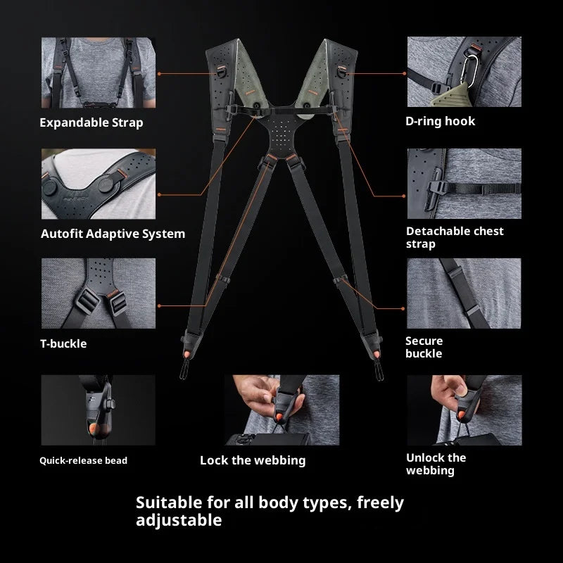 PGYTECH Professional Camera Strap 90kg Load Capacity Dual Shoulder Harness for 3 Cameras - Midnight Black - 5