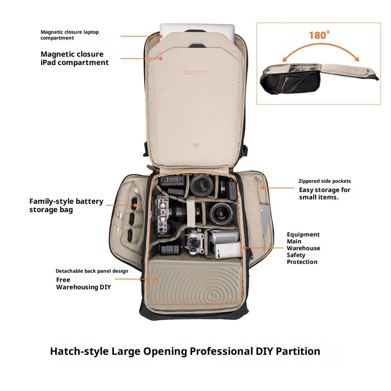 PGYTECH OneGo 25L Camera Backpack Waterproof Travel Bag with Magnetic Closure for DSLR / Mirrorless Photography  - Matte Black - 4