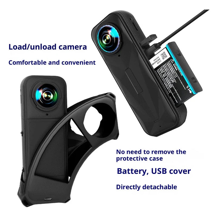 Anti Scratch Silicone Case for Insta360 X5 Action Camera with Lens Protector Cap and Lanyard - Black - 2
