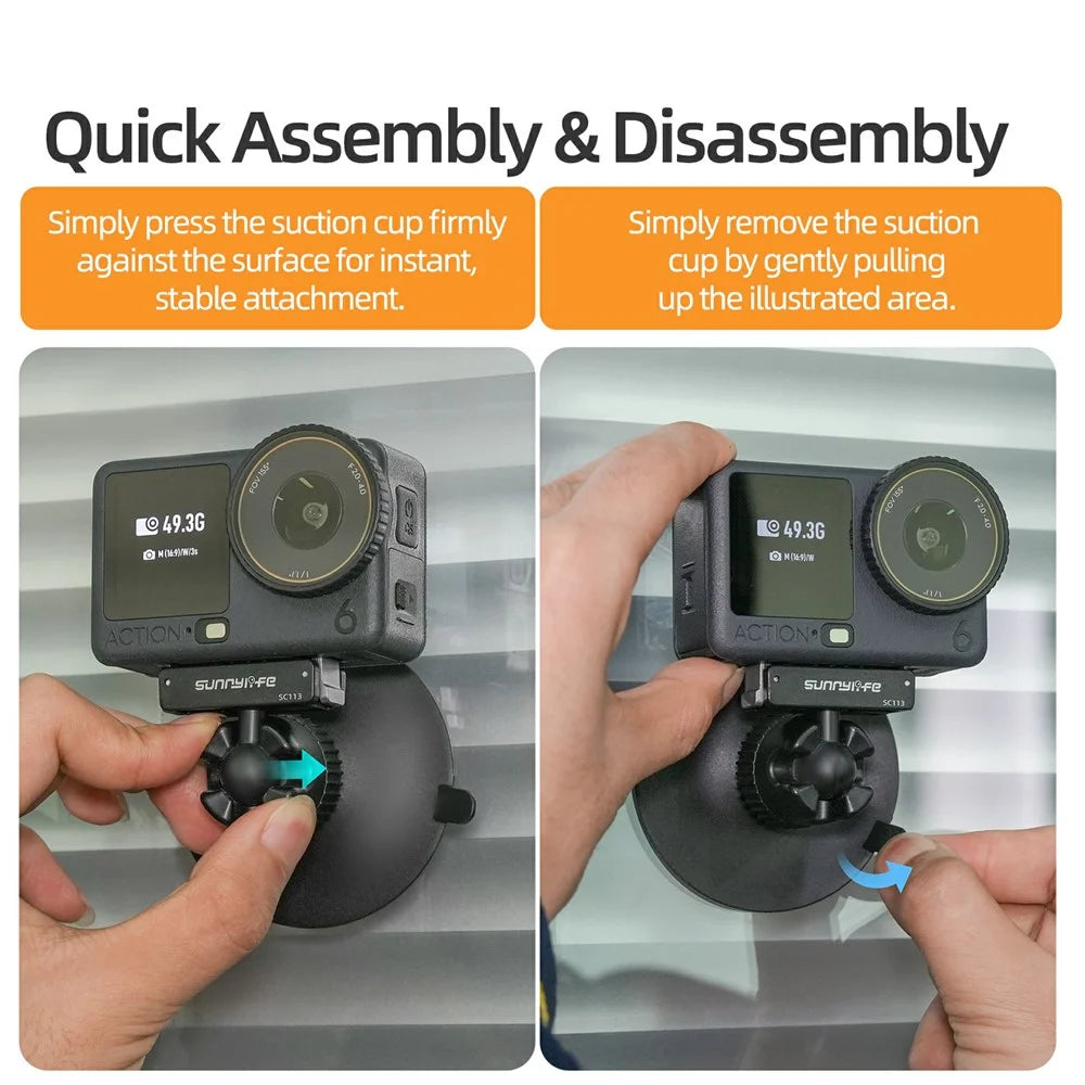 SUNNYLIFE ON-SC113 For DJI Osmo Action 6 / Nano Dual Direction Magnetic Quick Release Ball Head Suction Cup Mount Bracket - Black - 6